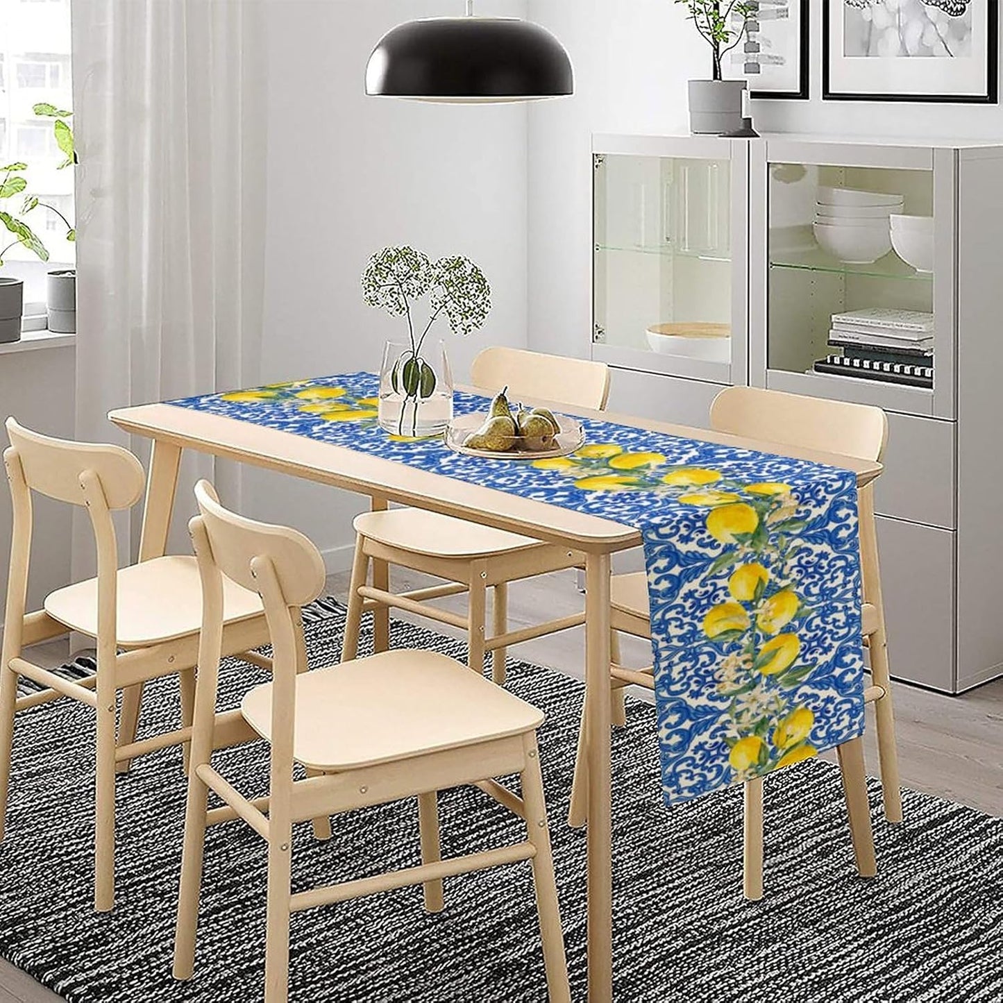 Blue Tiles Lemon Table Runner for Home Party Decorations 13x72 Inch | Seasonal Summer Washable Kitchen Dining Table Decor for Birthday Party Coffee Table Family Dinners Holiday Wedding