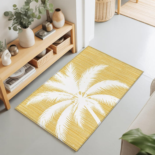 Light Yellow Palm Tree 2x3ft Non Slip Area Rug Summer Country Vintage Tropical Coastal Leaf Washable Soft Area Rugs for Living Room, Indoor Carpet for Bedroom Dining Room Kitchen
