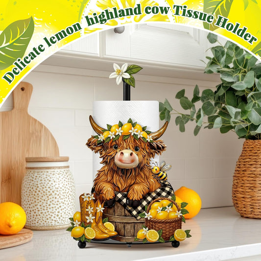 Lemon Highland Cow Paper Towel Holder Lemon Cattle Kitchen Bathroom Decor Farmhouse Large Metal Highland Cow Yellow Towel Holder Stand with Round Base for Home Countertop Accessories Gifts
