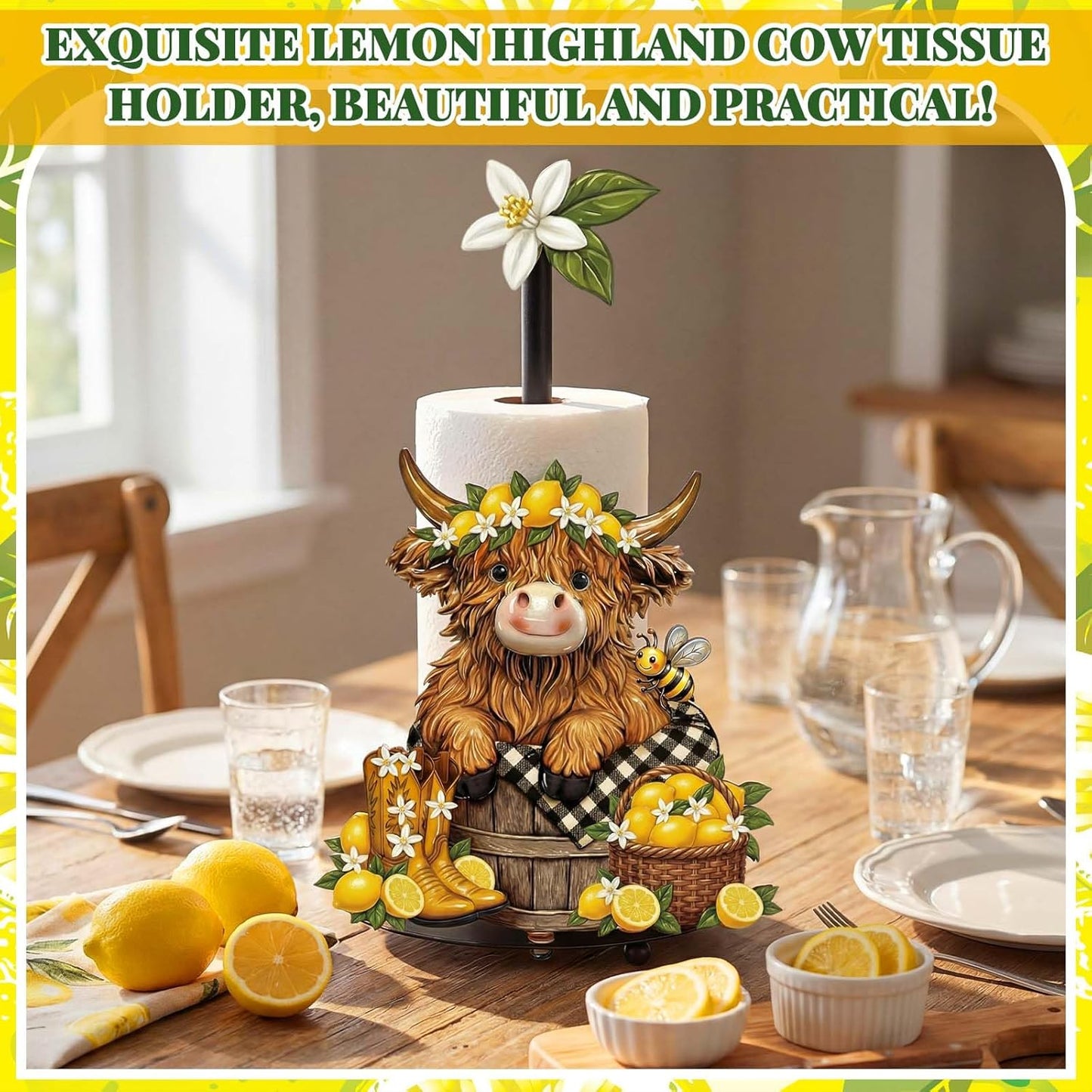 Lemon Highland Cow Paper Towel Holder Lemon Cattle Kitchen Bathroom Decor Farmhouse Large Metal Highland Cow Yellow Towel Holder Stand with Round Base for Home Countertop Accessories Gifts