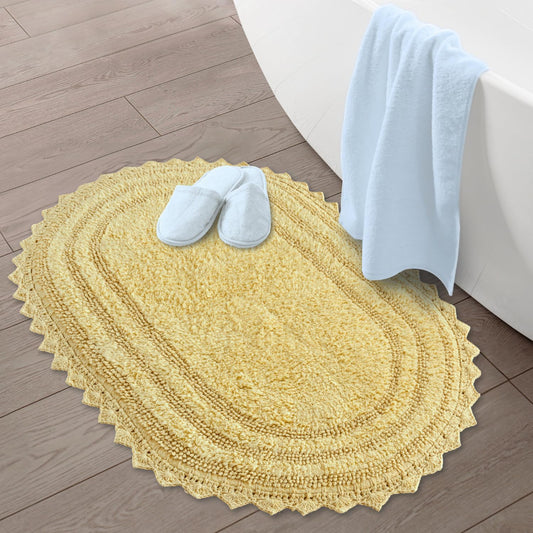 Pale Banana Bathroom Rug with Crochet Pattern - 34x21 Inches Large Oval Cotton Absorbent Soft Reversible Boho Bath Rug
