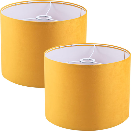 Yellow Velvet Lamp Shades Set of 2,Middle Drum Fabric Lamp Shade,Cover for Table Lamp,Floor Lamp,Living Room,13 inches x 13 inches x 10 inches,With Three Converters,Need To Assemble