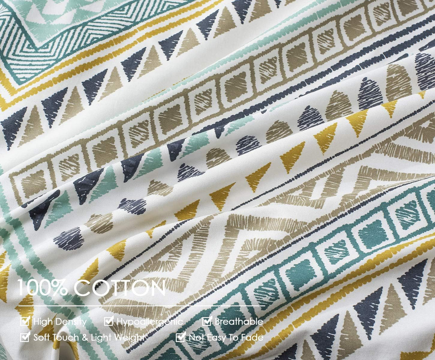 Comforter Queen Size, 600 Thread Count Golden Yellow & Dark Blue Bohemian Pattern Printed on White Reversible Comforter Sets,Down Alternative Bedding Set 3Pcs (Queen, Teal Geometric)