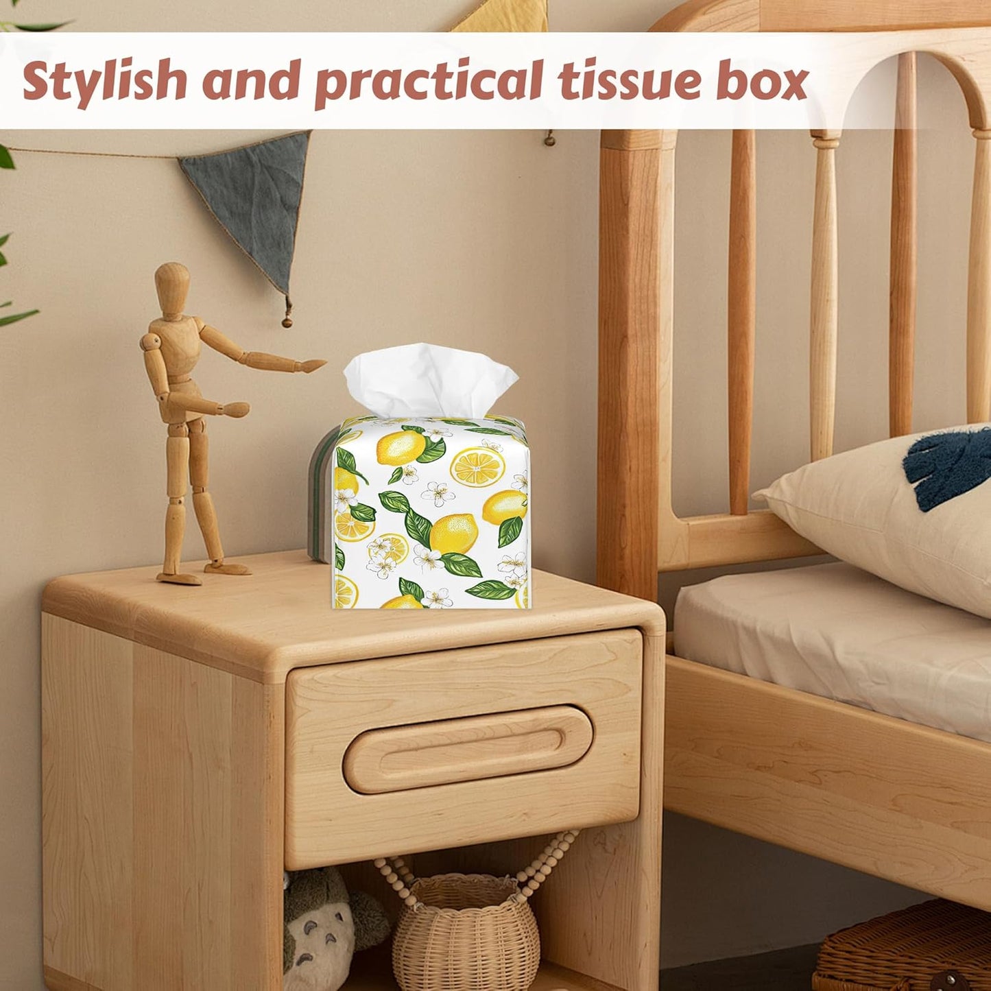 Summer Lemon Tissue Box Cover Square, Tissue Box Holder Leather Facial Paper Case Modern Home Decoration for Bathroom Kitchen Bedroom Night Stands, 2 Pcs