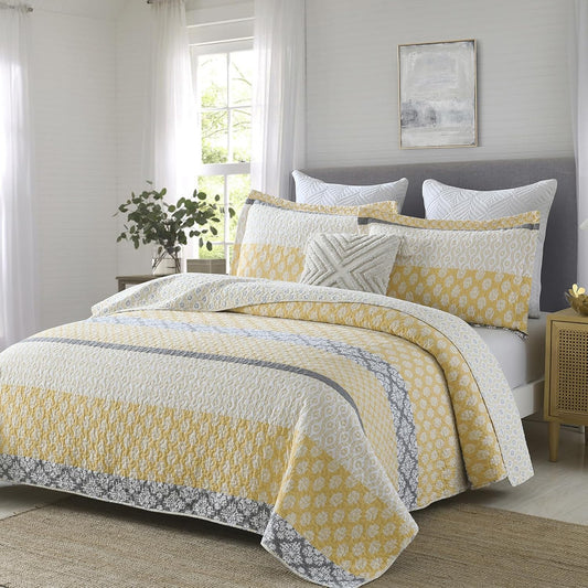 100% Cotton Queen Quilt - Botanical Bed Quilts with 2 Pillow Shams | Modern Home Decor Stripe Reversible Bedspread Lightweight Soft Thin Comforter Bedding Set for All Season, Yellow/Grey