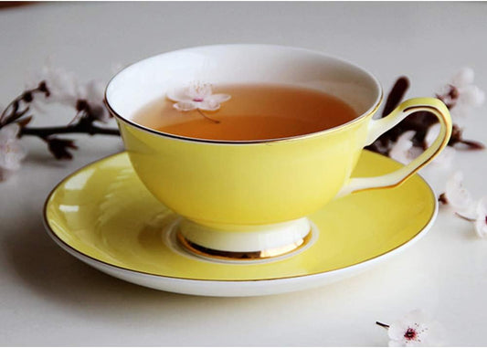 Porcelain Colorful Bone China 7.4 OZ Tea Cup And Saucer Set With Golden Border Tableware Best Family Gift (Yellow)
