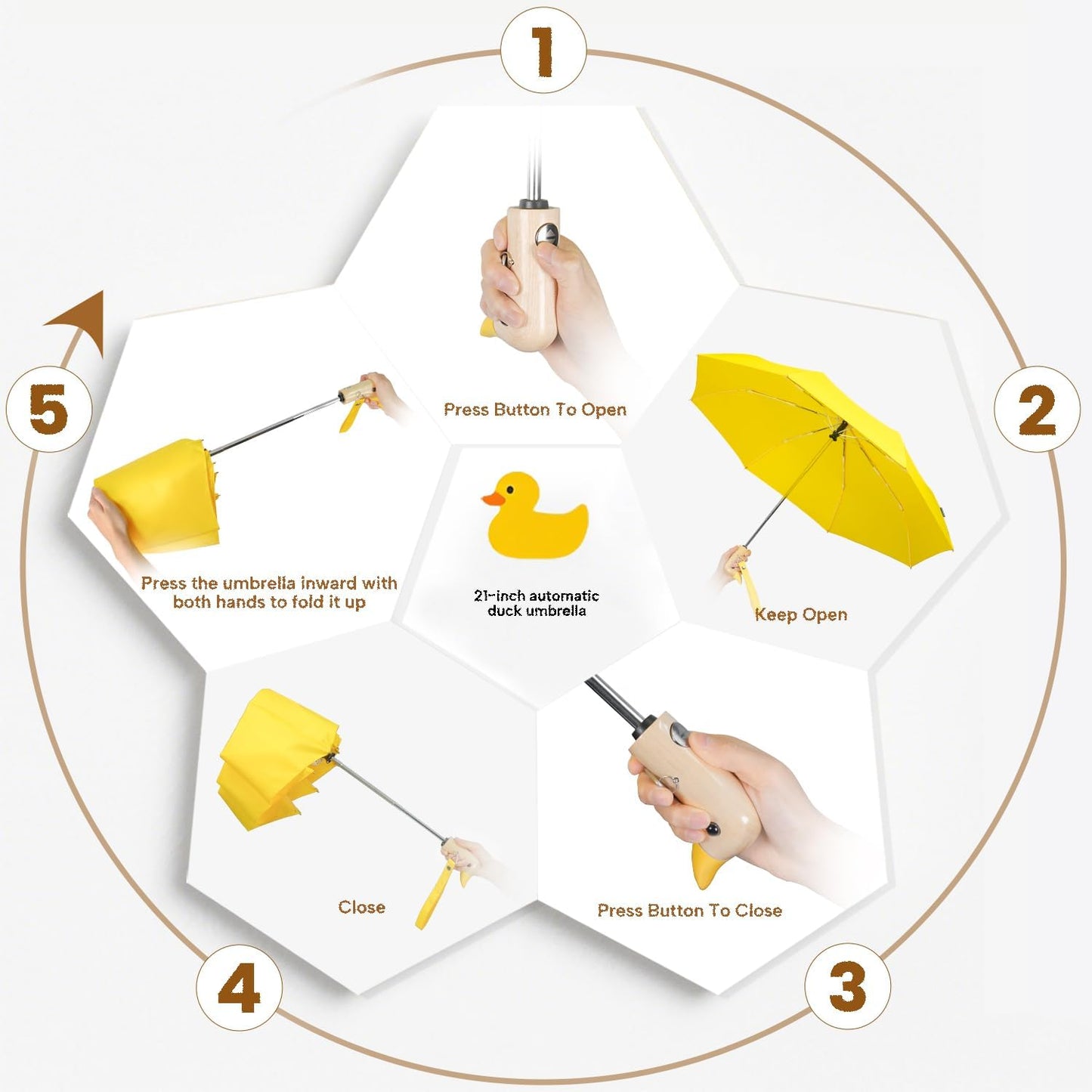 Duck Cute Travel Compact Umbrella Automatic, Wooden Handle for Gifts Women | Foldable travel size fits backpack/car/handbag,easy carry to outdoor/work/school,ideal gift