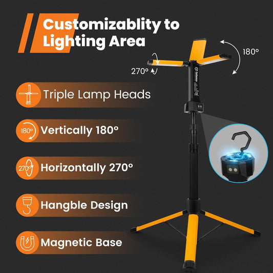 Rechargeable Work Light with Stand, Cordless Work Light with Triple LED Lamps, 8AH Battery, 700/1200/2200 Lumen, 4000/6500K Dimmable Camping Light with Detachable Tripod๏ผYellow๏ผ