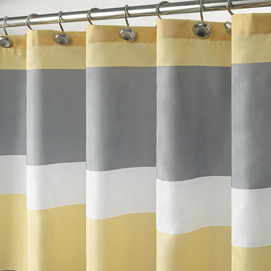 Yellow Gray Horizontal Stripes Water-Repellent Fabric Shower Curtain with Reinforced Metal Grommets Refreshing Striped Design Bathroom Decor