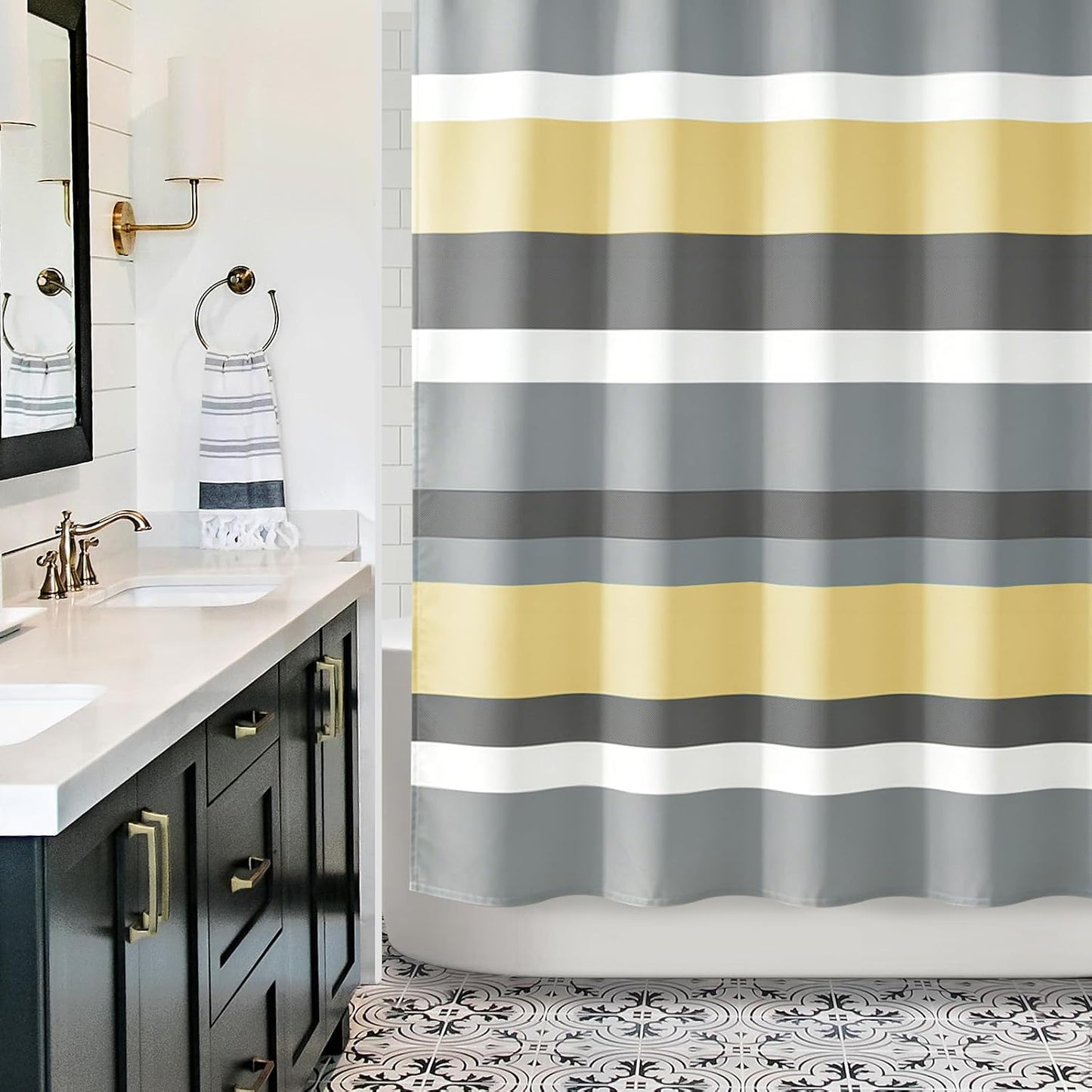Yellow Gray Horizontal Stripes Water-Repellent Fabric Shower Curtain with Reinforced Metal Grommets Refreshing Striped Design Bathroom Decor