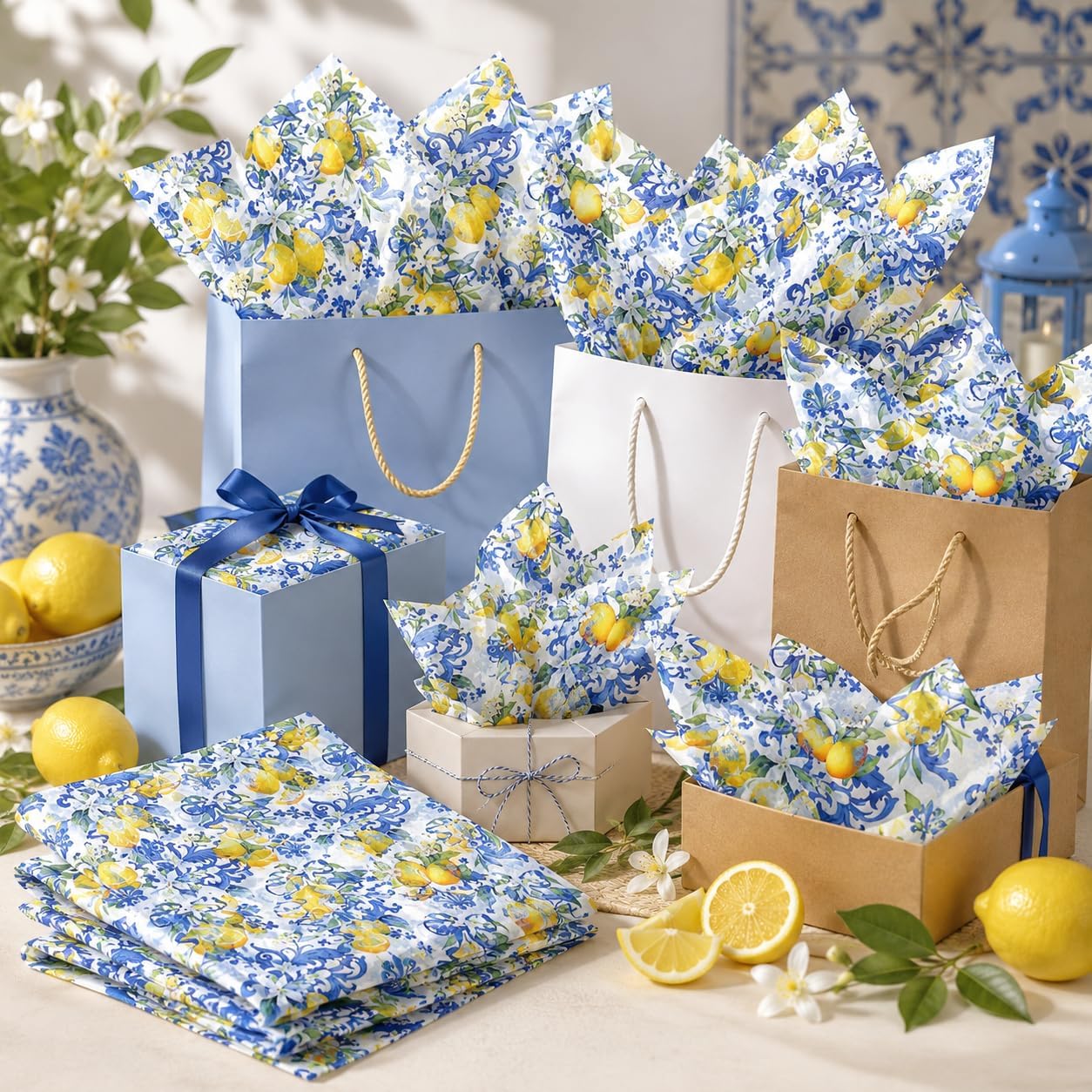 50 Sheets Capri Lemon Tissue Paper, Blue Mediterranean Tile Gift Wrap 14x20 | Yellow Lemon Printed Wrapping Paper for Birthday Baby Shower Wedding Summer Party Gift Bags Boutique Packaging and DIY Crafts