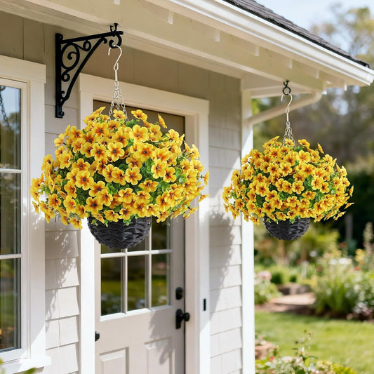 2 Set 19"Artificial Flower & Eucalyptus Hanging Basket for Porch (Yellow) | No-Installation, UV-Resistant Fake Morning Glory Hanging Basket, for Aisle Garden Patio Eaves Yard Outdoor Decor