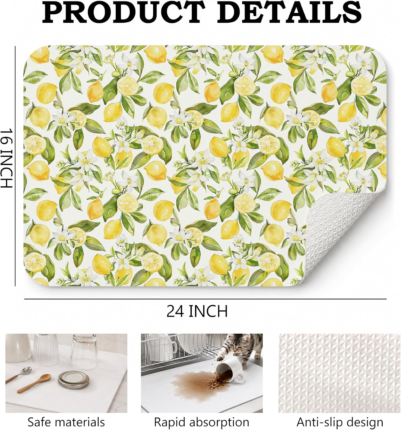 Summer Italian Lemon Dish Drying Mat 16x24 Inch | Lemon Kitchen Decor Accessories,Summer Lemon Floral Botanical Dish Drying Coffee Mat for Kitchen Countertops Coffee Maker