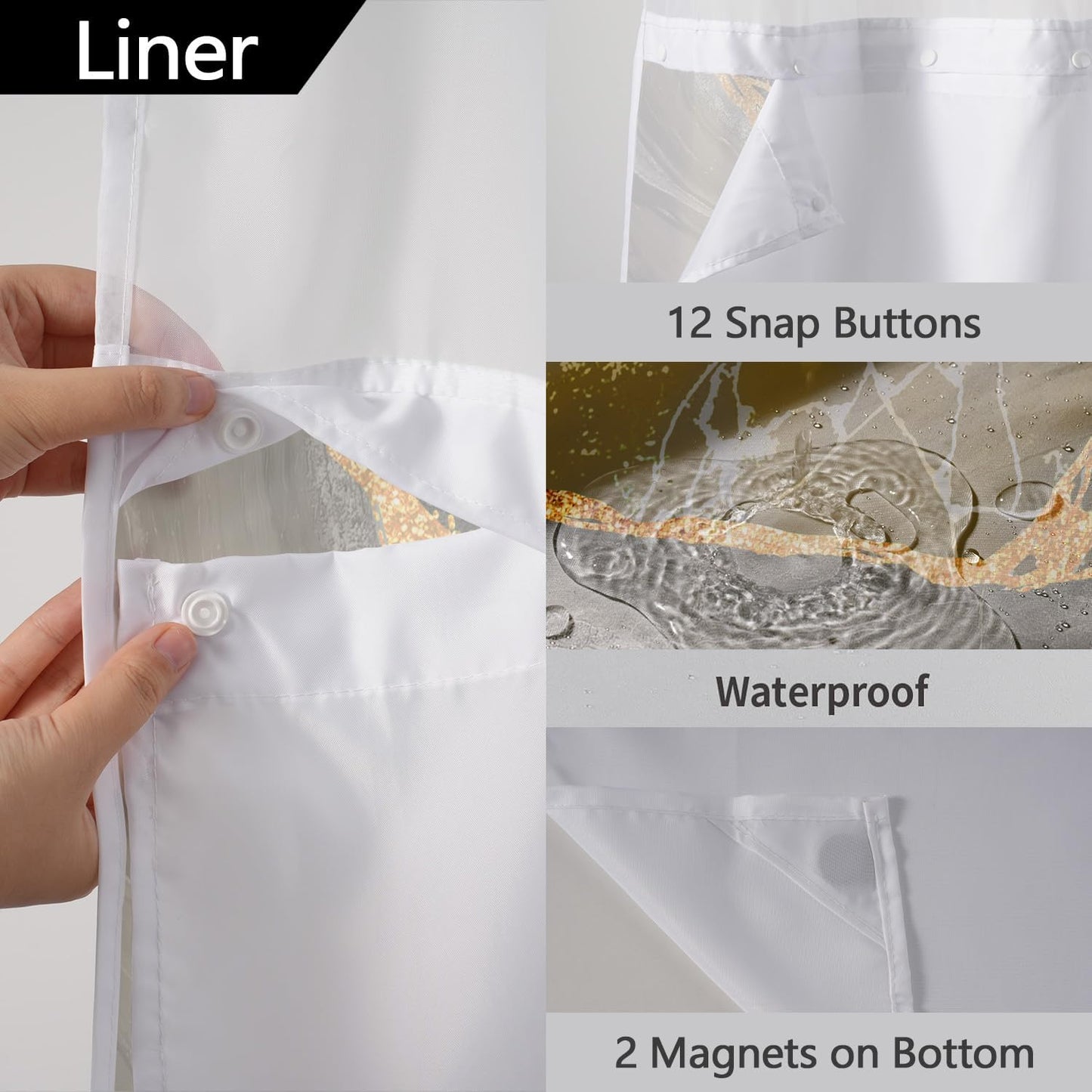 No Hook Shower Curtain with Snap in Liner Set, Yellow Marble Design, Waterproof Washable Fabric Hotel Shower Curtains for Bathroom Decor with See Through Mesh Top Window 71x74 Inch