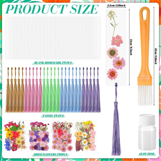 190 Pcs Pressed Flower Bookmark Making Kit, 24 Clear Acrylic Bookmarks with Tassels 140 Dried Floral with Adhesive Tools for Scrapbooking DIY Craft Gifts(Rustic)