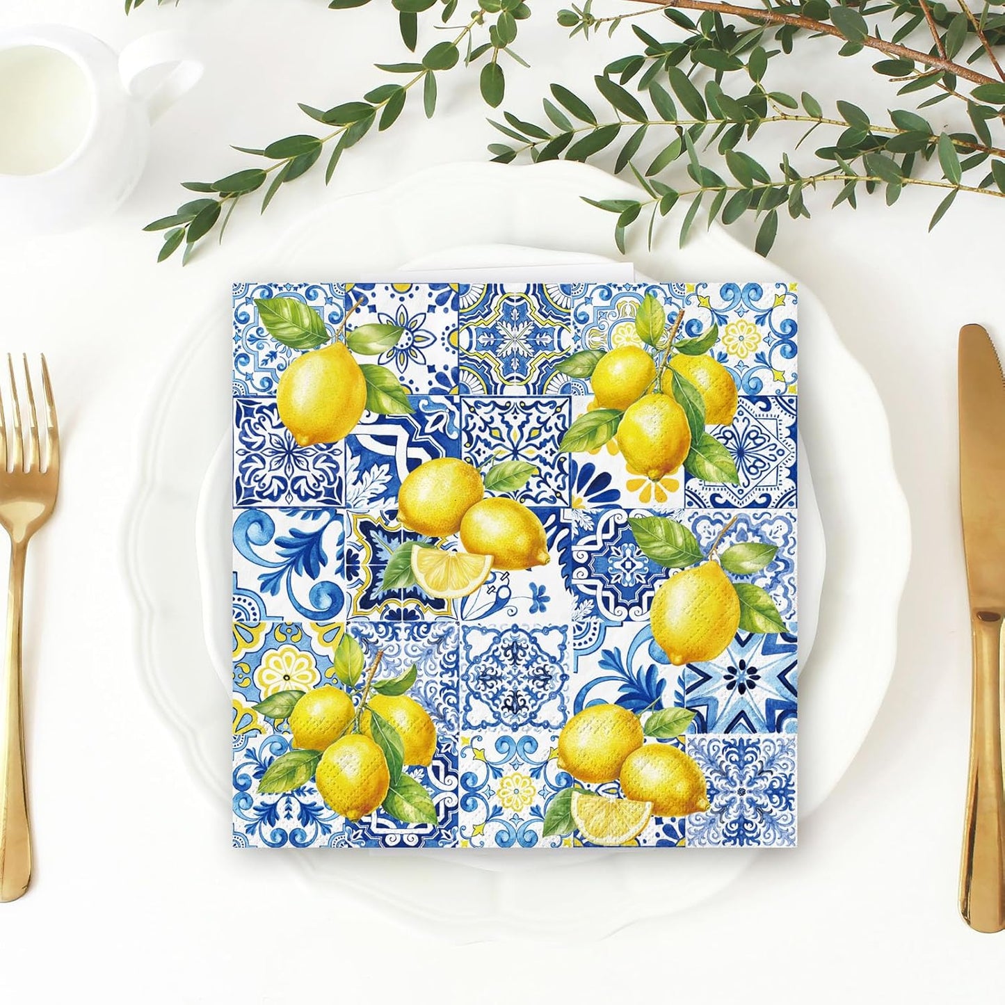 80Pcs Tiles Lemons Paper Napkins Blue Yellow Disposable Napkins Citrus Decorative Dinner Napkin Luncheon Napkins for Party Supplies Table Decor
