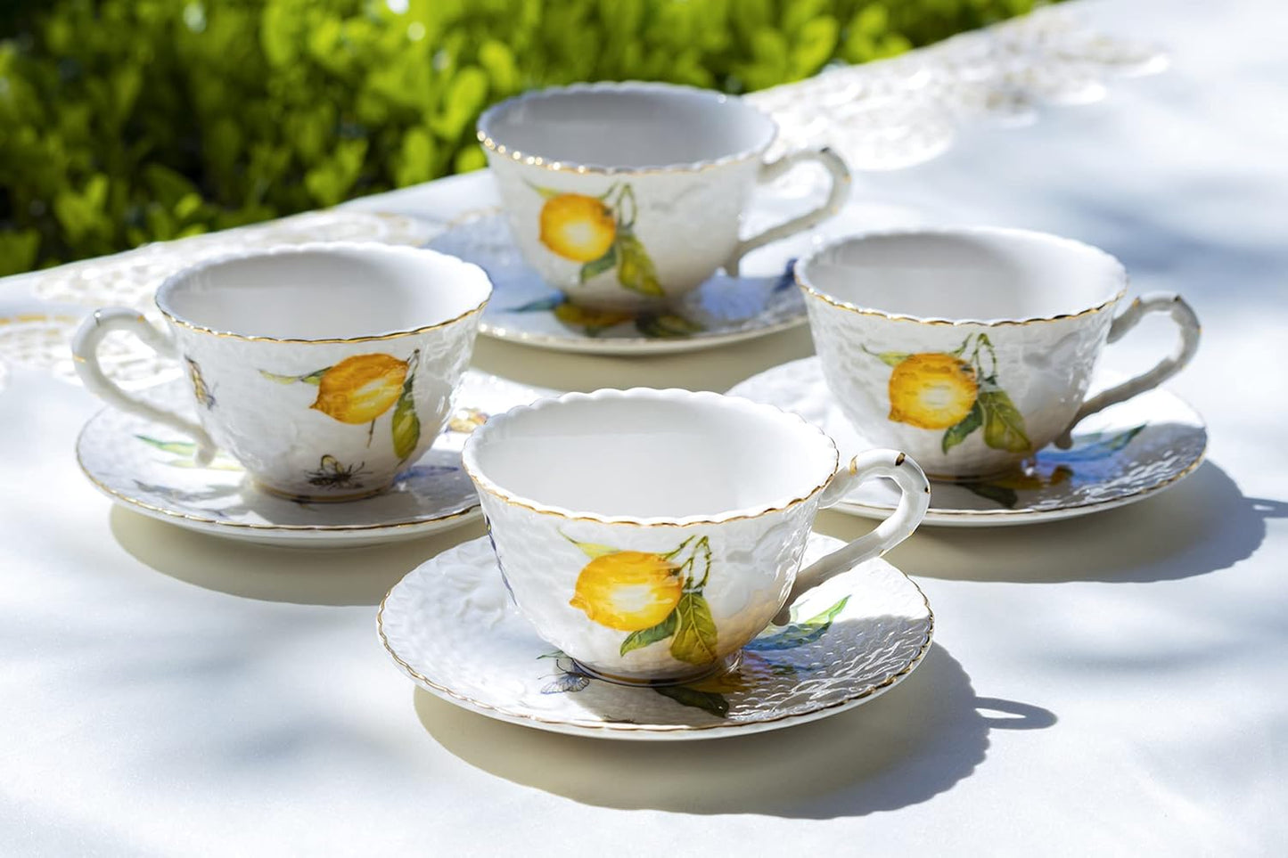 Lemon Bee Fine Porcelain Cup and Saucer with Gold Trim Multicolor