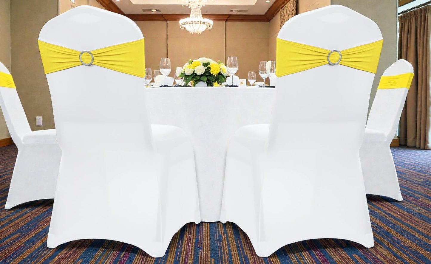 Yellow | Spandex Chair Sashes Bows | 50 PCS | Stretch Elastic Banquet Universal Folding Chair Band Tie with Silver Buckle Slider for Wedding Party Conference Celebration Event Decoration