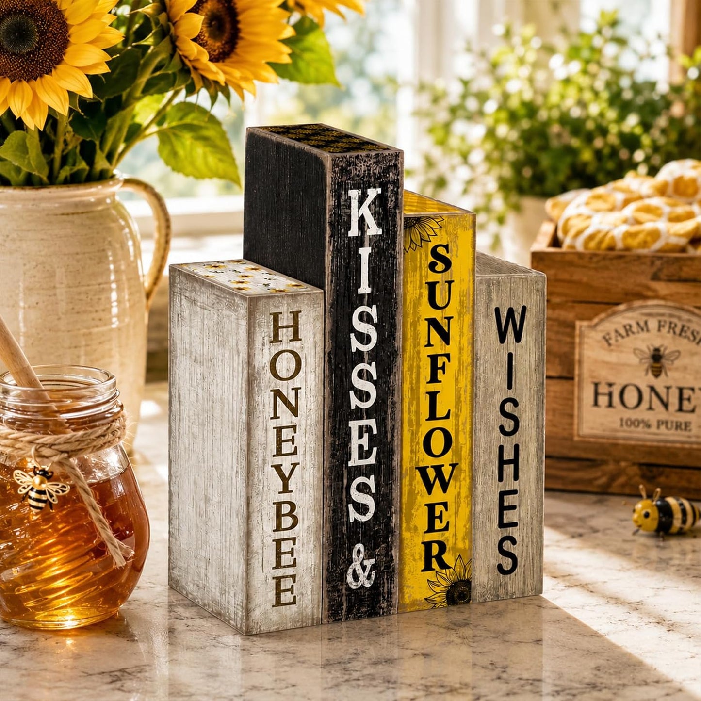 4 Pcs Summer Table Decoration Wooden Book Sunflower Decoration Yellow and Black Summer Tiered Tray Decor Wood Book Stack Farmhouse for Home Shelf Coffee Table