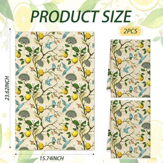 Microfiber Kitchen Towels Set of 2, Reusable 16"x24" Dish Towels with Hanging Loop, Cute Tea Kitchen Towels for Home Decorations Housewarming Gift (Lemon and Bird)