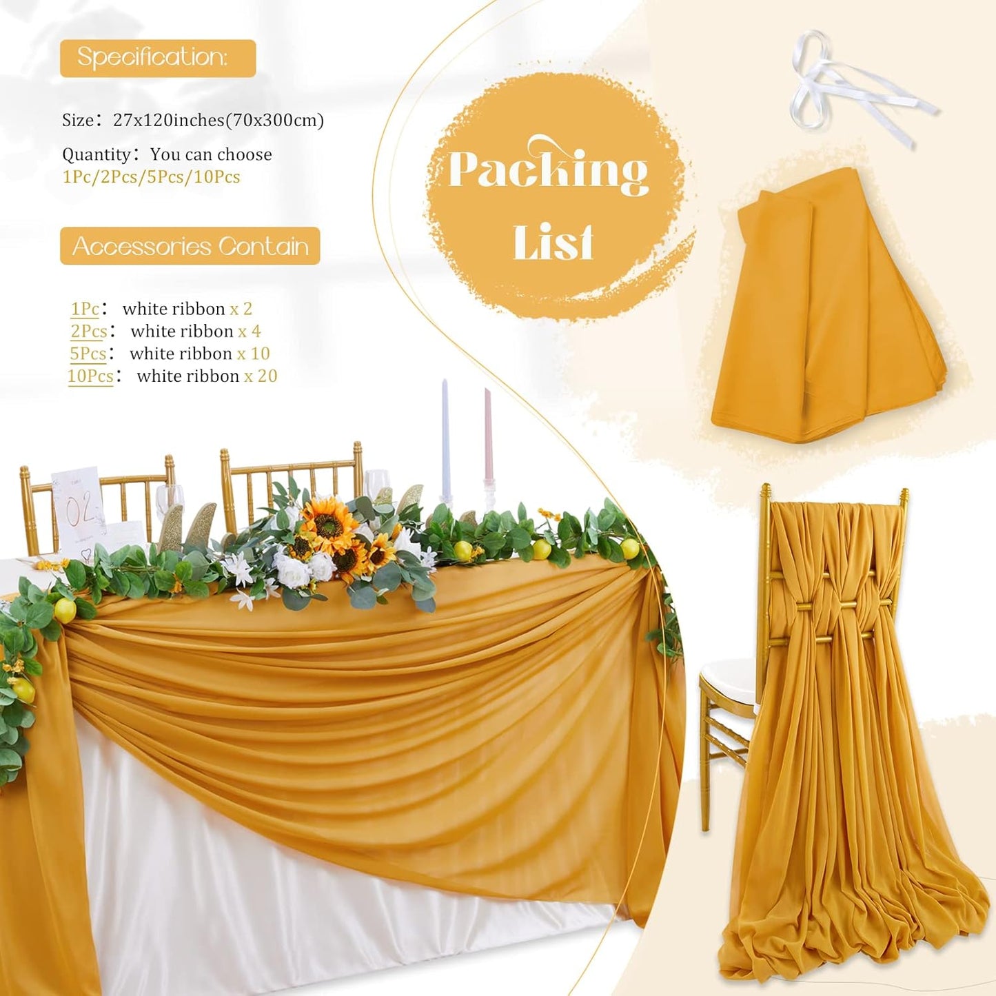 10FT Chiffon Table Runner 27x120 Inches Mustard Yellow Wedding Runner Sheer Fabric for Romantic Bridal Shower Decorations