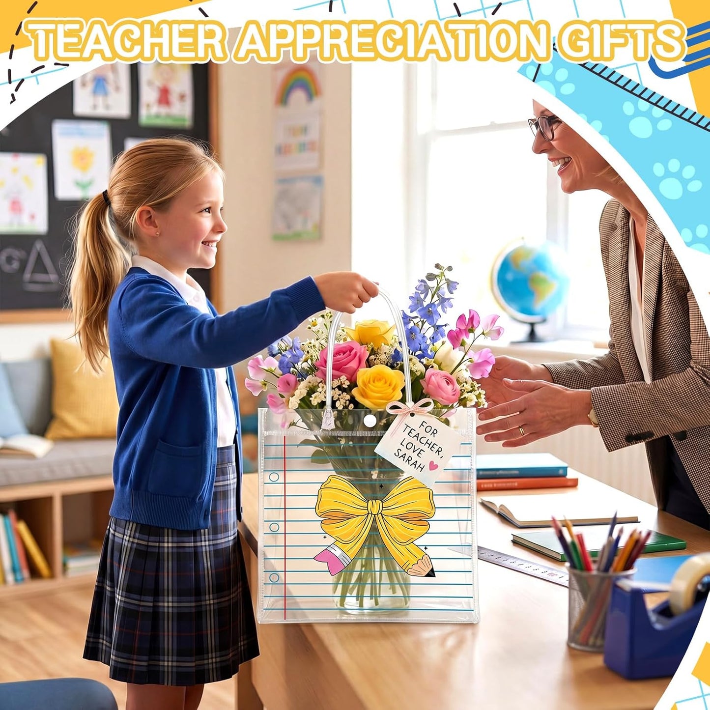 20 Pcs Back to School Gifts Bags with Handles Reusable Yellow Pencil Bow Treat Bags Teacher Appreciation Gifts for Candy Birthday Party Supplies 8 x 8 x 3.15''