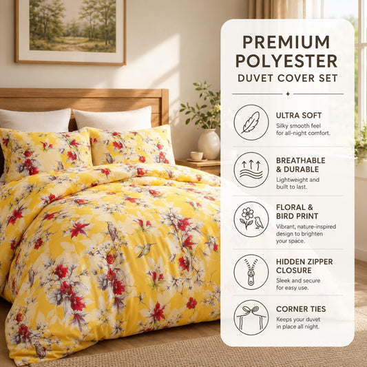 DaDa Bedding Radiant Sunshine Yellow Floral Duvet Cover - Hummingbirds Red Flowers Garden w/Pillow Cases - Bright Vibrant Multi-Colorful Very Soft Comforter Cover w/Corner Ties - Cal King - 3-Pieces