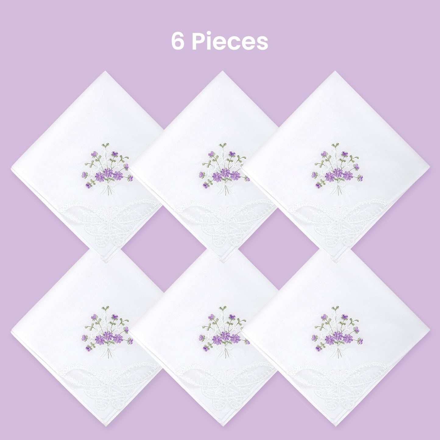 Women's Cotton Handkerchiefs, Ladies Hankies, Purple Floral | Set of 6 in 100% Soft Cotton, each 11x11, with floral embroidery and butterfly lace for a wedding or bridal shower, gifts.