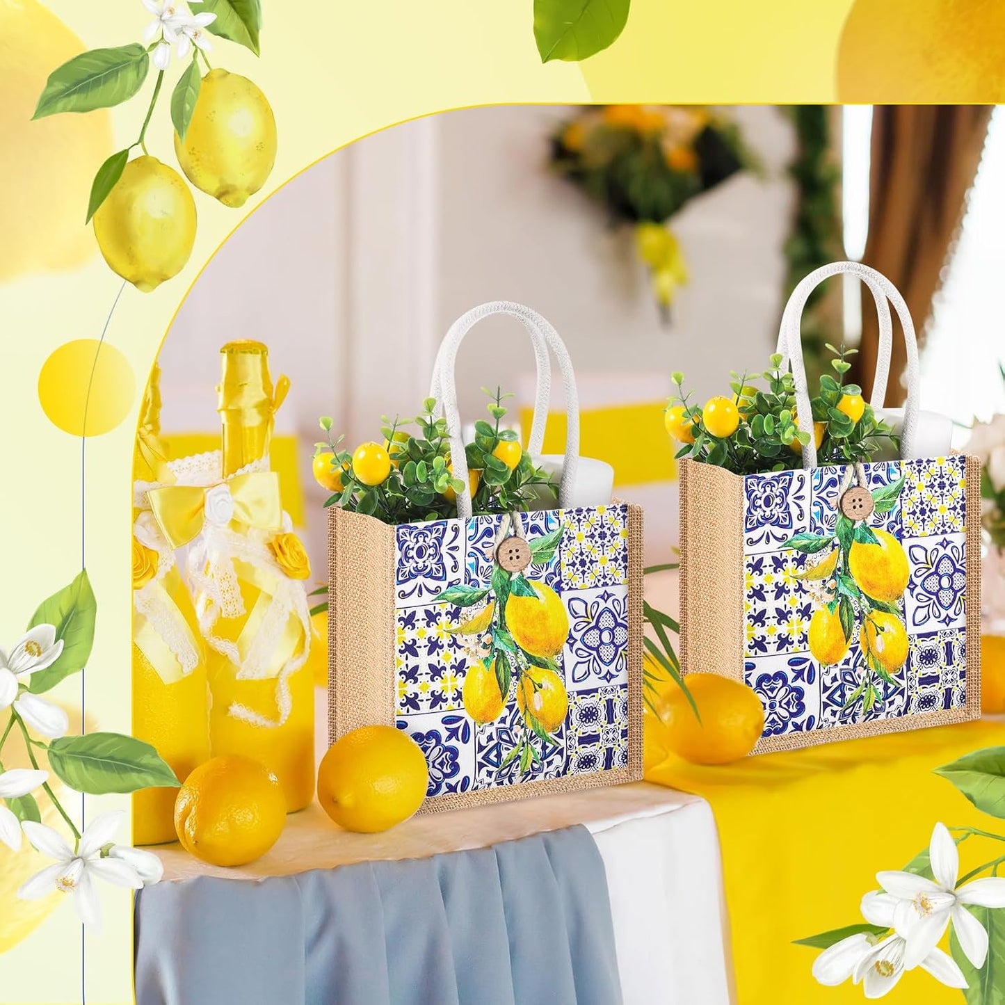 6 Pcs Floral Gift Bag Mini Reusable Flower Cielito Lindo Burlap Goodie Tote with Handle Button for Wedding Bridal Baby Shower Talavera Spring Party Favor (Blue White Porcelain Lemon)