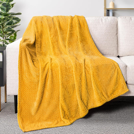 PAVILIA Soft Fleece Yellow Throw Blanket for Couch, Lightweight Plush Warm Blankets for Bed, Fuzzy Cozy Flannel Blanket Throw for Sofa, Travel, Jacquard Pattern, Mustard Yellow, Twin, 60x80 inch