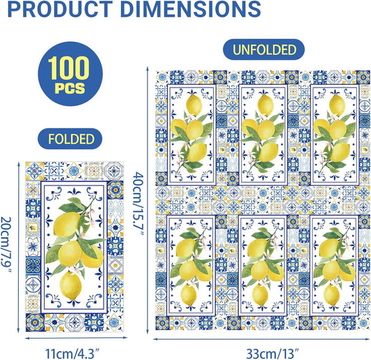 100 PCS Lemons Paper Napkins, Chinoiserie Lemon 3-Ply Decorative Paper Hand Towels Summer Yellow Lemon Napkins Home Party Guest Napkin Wedding Shower Party Decor Napkins