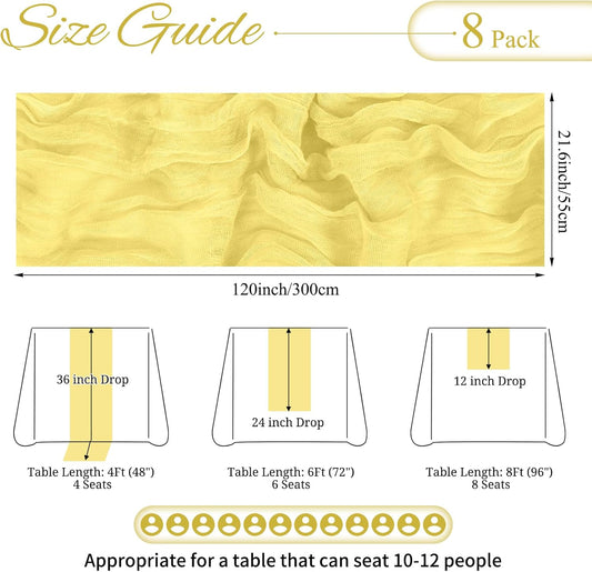 8 Pack Light Yellow Cheesecloth Table Runner 10FT Boho Gauze Cheese Cloth Table Runner Rustic Sheer Fabric Table Runners for Wedding Bridal Shower Baby Shower Party(21.5Γ120 Inch)