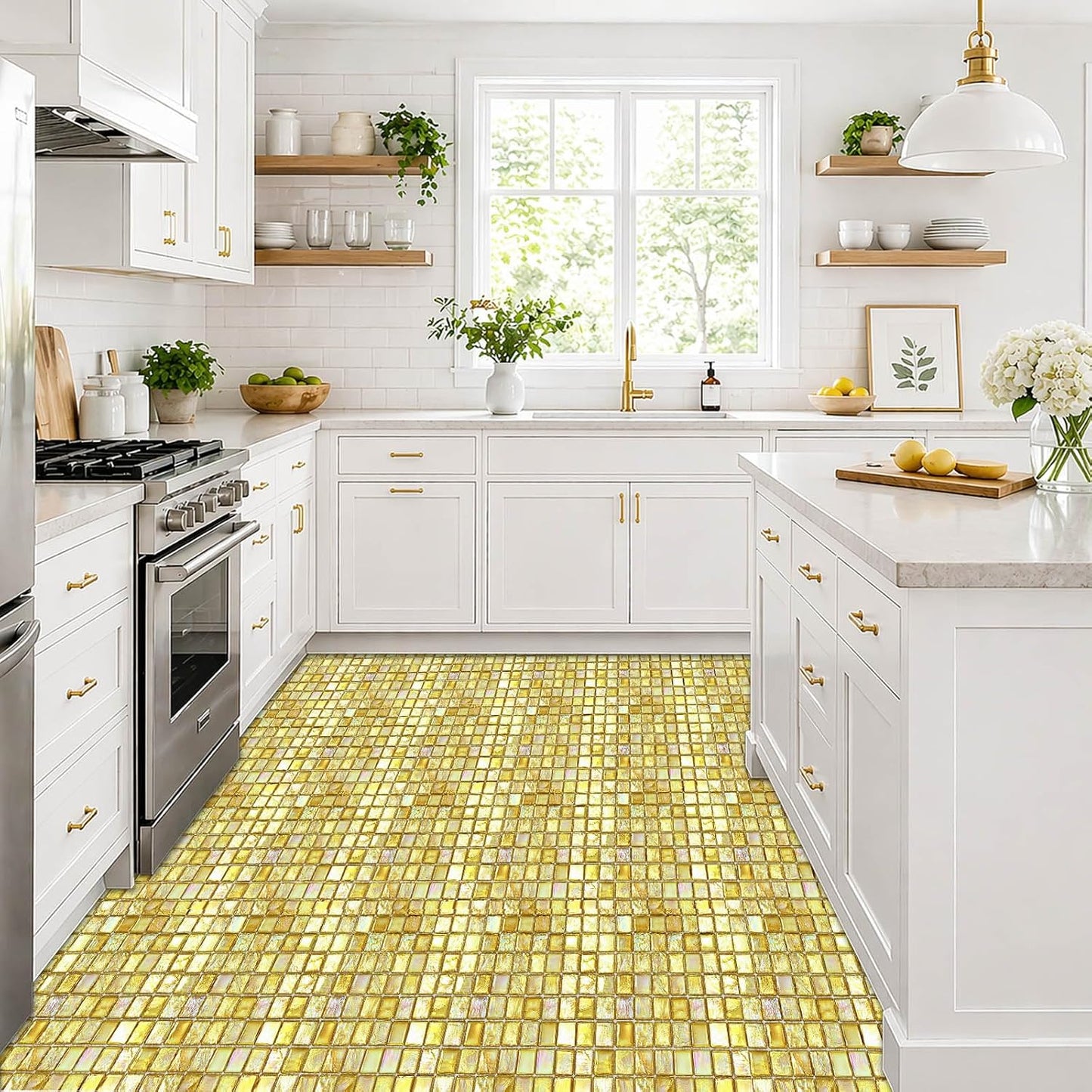 Gold Square Mosaic Peel and Stick Floor Tiles 12x12 Inch 10PCS | Gold square mosaic style pattern removable vinyl floor stickers for kitchen bathroom entryway and indoor DIY home decor
