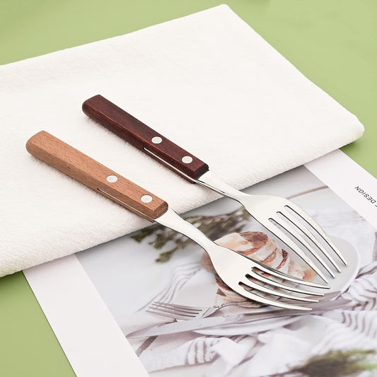 Dinner Forks Set of 8, 304 Stainless Steel Silverware Forks with Wooden Handle, Use for Dessert and Salad, Mirror Polishing, 7.9 Inches