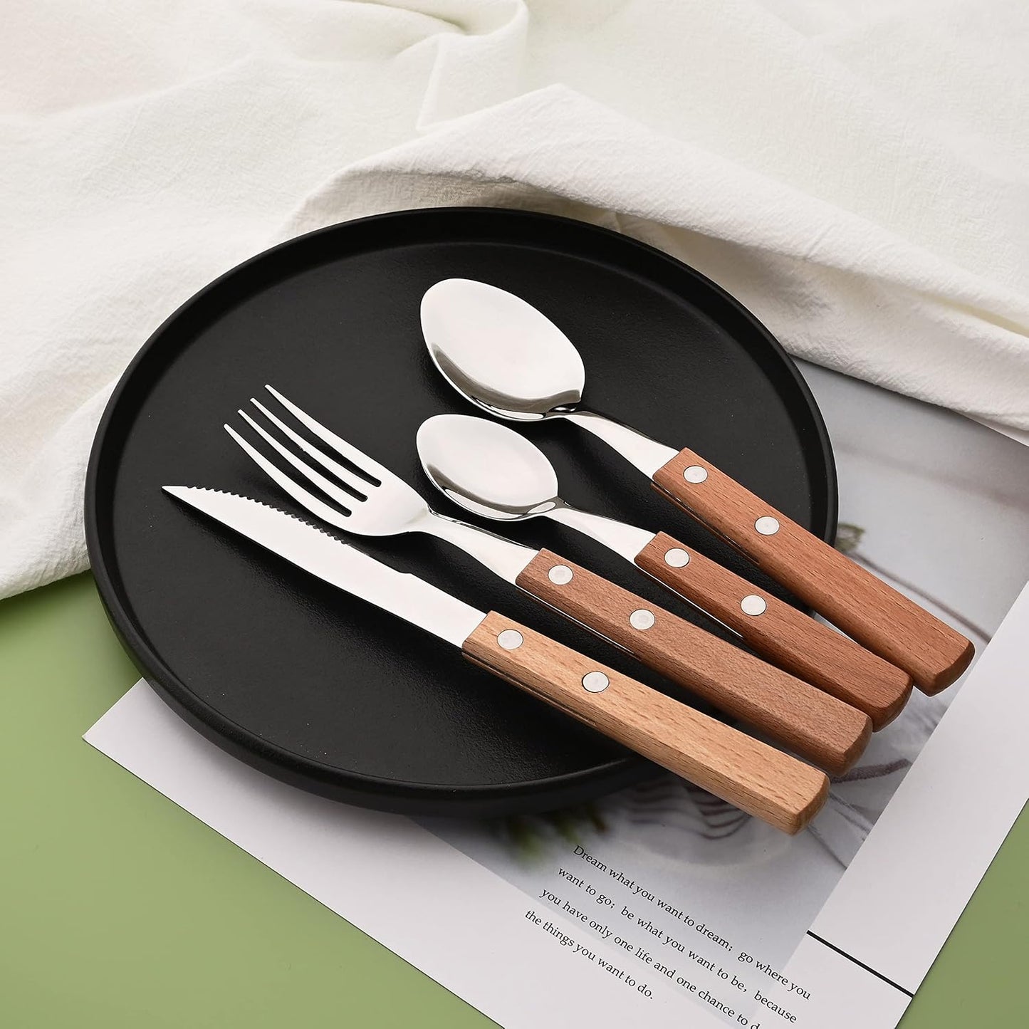 Dinner Forks Set of 8, 304 Stainless Steel Silverware Forks with Wooden Handle, Use for Dessert and Salad, Mirror Polishing, 7.9 Inches