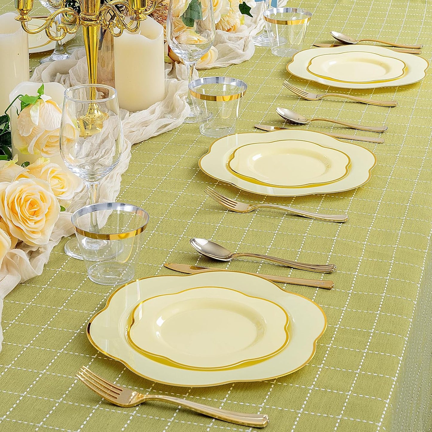 50PCS Yellow Plastic Plates - Heavy Duty Yellow Disposable Plates -Yellow and Gold Plates Include 25PCS 7inch Desert Plates and 25PCS 10inch Dinner Plates for Party & Baby Shower & Wedding
