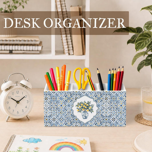 Italian Amalfi Coast Lemon Pen Pencil Holder for Desk, Lemon Gifts for Women, Blue and White Floral Mediterranean Fruits Wooden Pencil Holder Organizer Desk Accessories Decor for Office Home