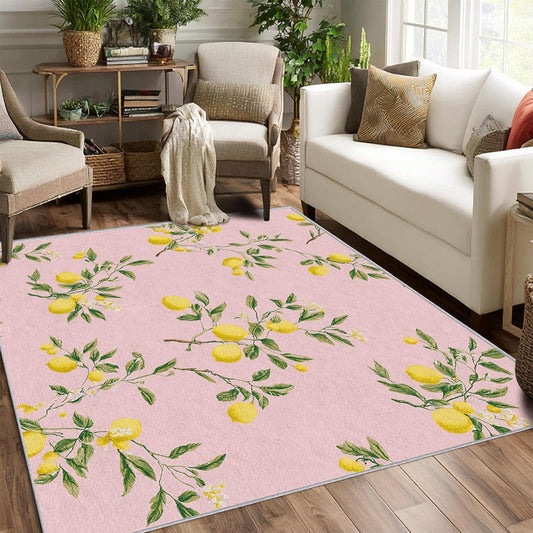 Lemon Rug 3x5 Bedroom, Fruit Pink Pattern Washable Area Rugs for Living Room, Lemon Home Decor Non Slip Carpet, Soft Ultra Thin Design (LP50)
