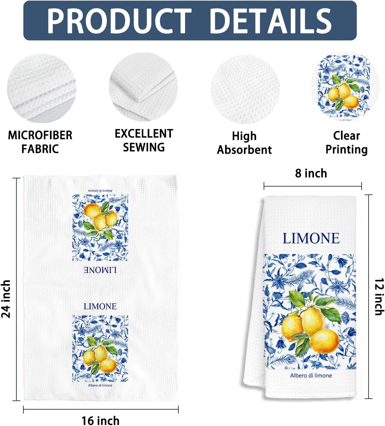 Italian Lemon Grapefruit Bathroom Towels, Fruit Decor Dish Tea Towels, Blue and White Floral Lemon Grapefruit Decorative Hand Towels for Bathroom, Italian Kitchen Decor, 16x24 Inch Set of 2