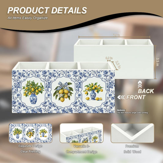 Blue Chinoiserie Lemon Pen Pencil Holder for Desk, Grandmillennial Floral Bow Lemon Desk Organizer and Accessories, Blue and White Floral Makeup Brush Holder