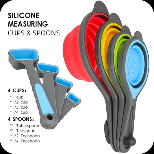 Collapsible Measuring Cups and Spoons Set,16 Pcs Portable Silicone Measuring Cups and Spoons for Liquid & Dry Measuring, Food Grade Silicone Measuring Tools Set, Yellow Green(Random Rainbow)
