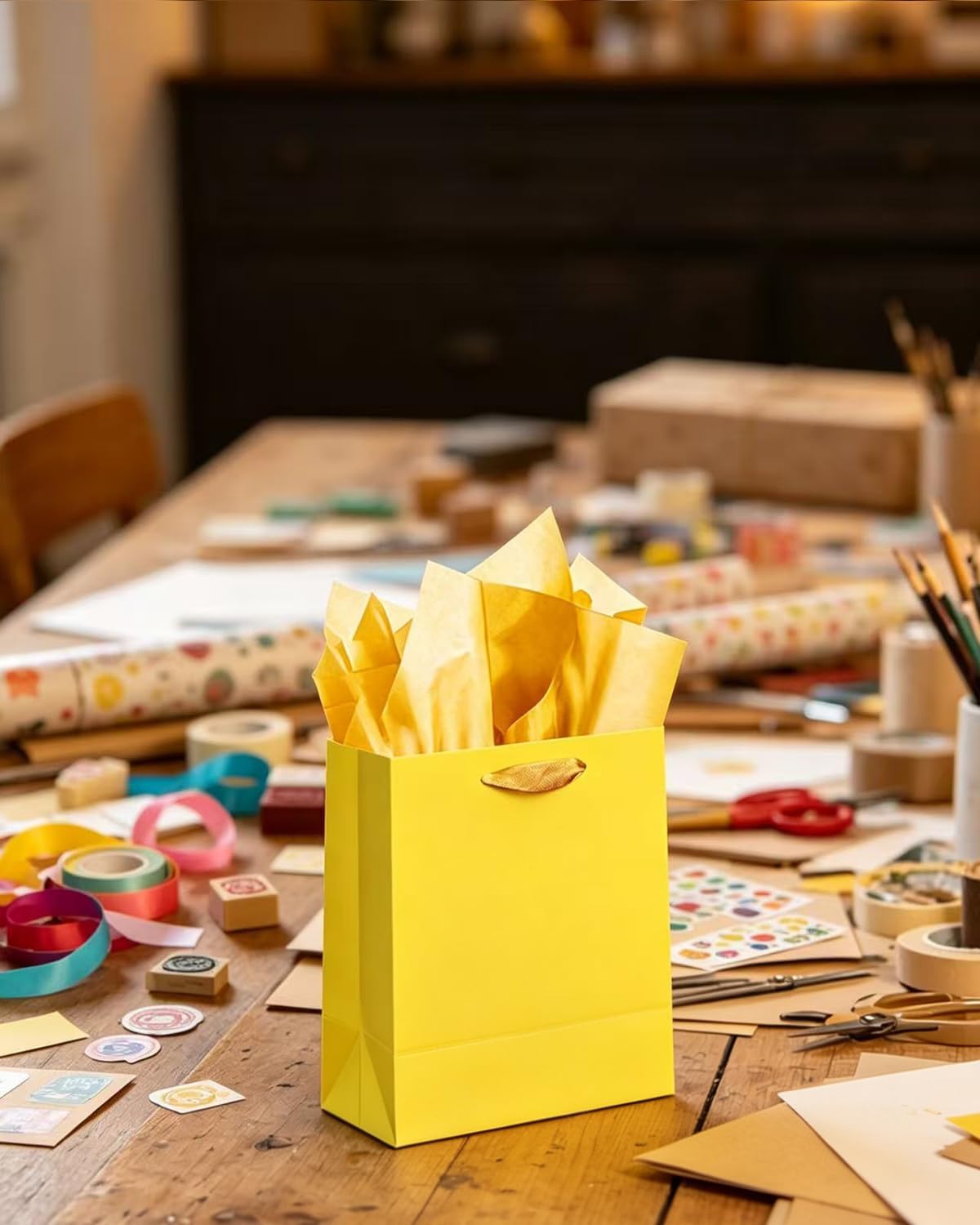 10PCS Bright Yellow Mini Gift Bags with Tissue Paper Handles 6.3"x4.7"x2.4" Small Size Present Party Favor Bags( Tissue Paper )