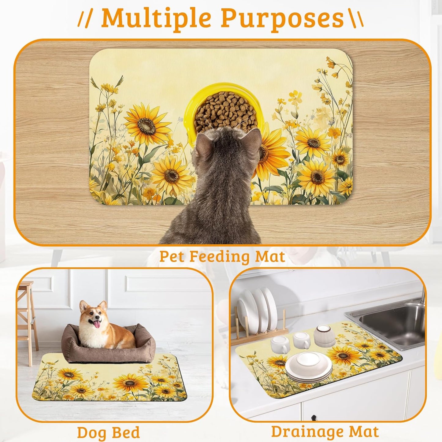Yellow Floral Feeding Mat,Sunflower Absorbent Quick-Dry Cat Dog Food and Water Bowl Mats,Non-Slip Rubber Backing Mat,Cat Dog Accessories Supplies 16" x 24"