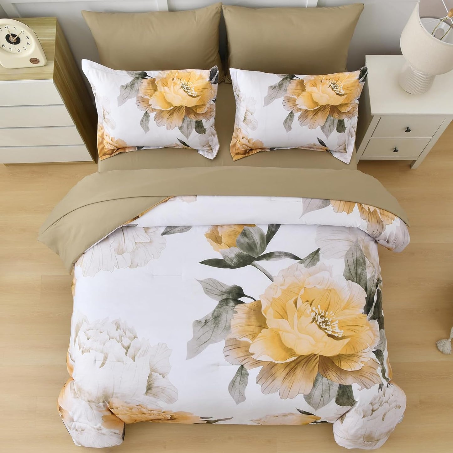 Yellow King Size Comforter Set 7 Piece Bed in a Bag, Yellow Floral Comforter Set with Sheets, Soft Microfiber Botanical Complete Bedding Set for All Season