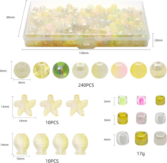 8MM Round Crystal Beads for Jewelry Making, 760pcs Lemon Yellow Assorted Glass Beads for Bracelets Making with Seed Beads, Ocean Starfish Beads