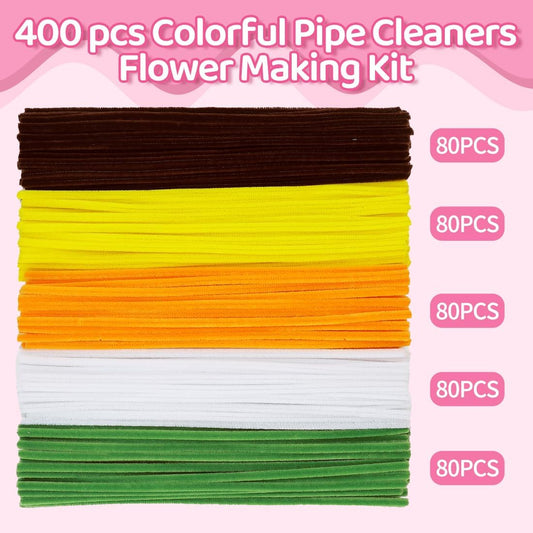 Yellow Pipe Cleaners for Crafts (400pcs with Instruction), Flower Making Kit, Chenille Stems for DIY Projecets, Arts & Crafts Supplies for Festival Party Decorations