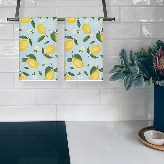 Summer Kitchen Towels 18x26 Inch Set of 2 Lemon Flower Blue Dish Towels Farmhouse Seasonal Holiday Decorative Hand Cloth for Kitchen Bathroom Decorations