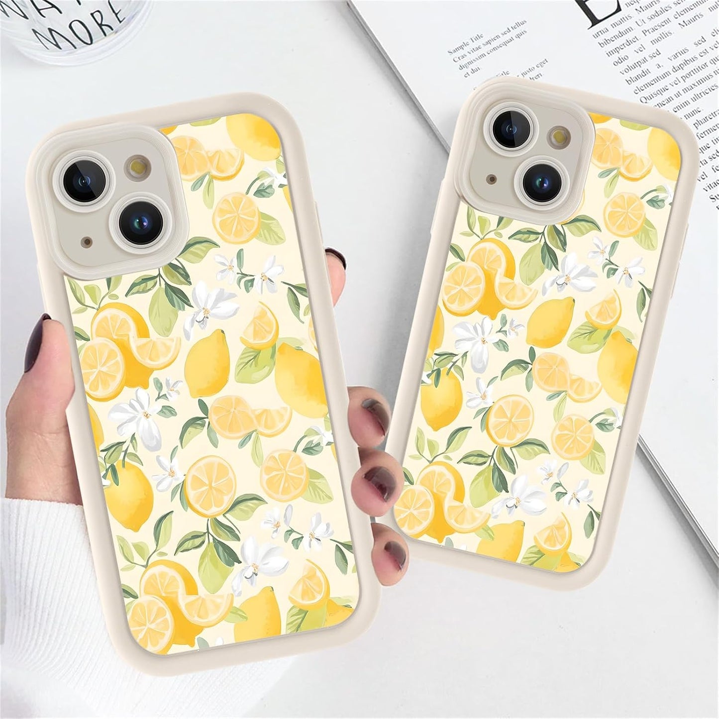RUMSEY Summer Case for iPhone 14 Flower Aesthetic Pattern, White Floral Lemons Design Phone Cover for Women Girls, Soft Silicone Shockproof Full Camera Protective Shell for iPhone 14 6,1"