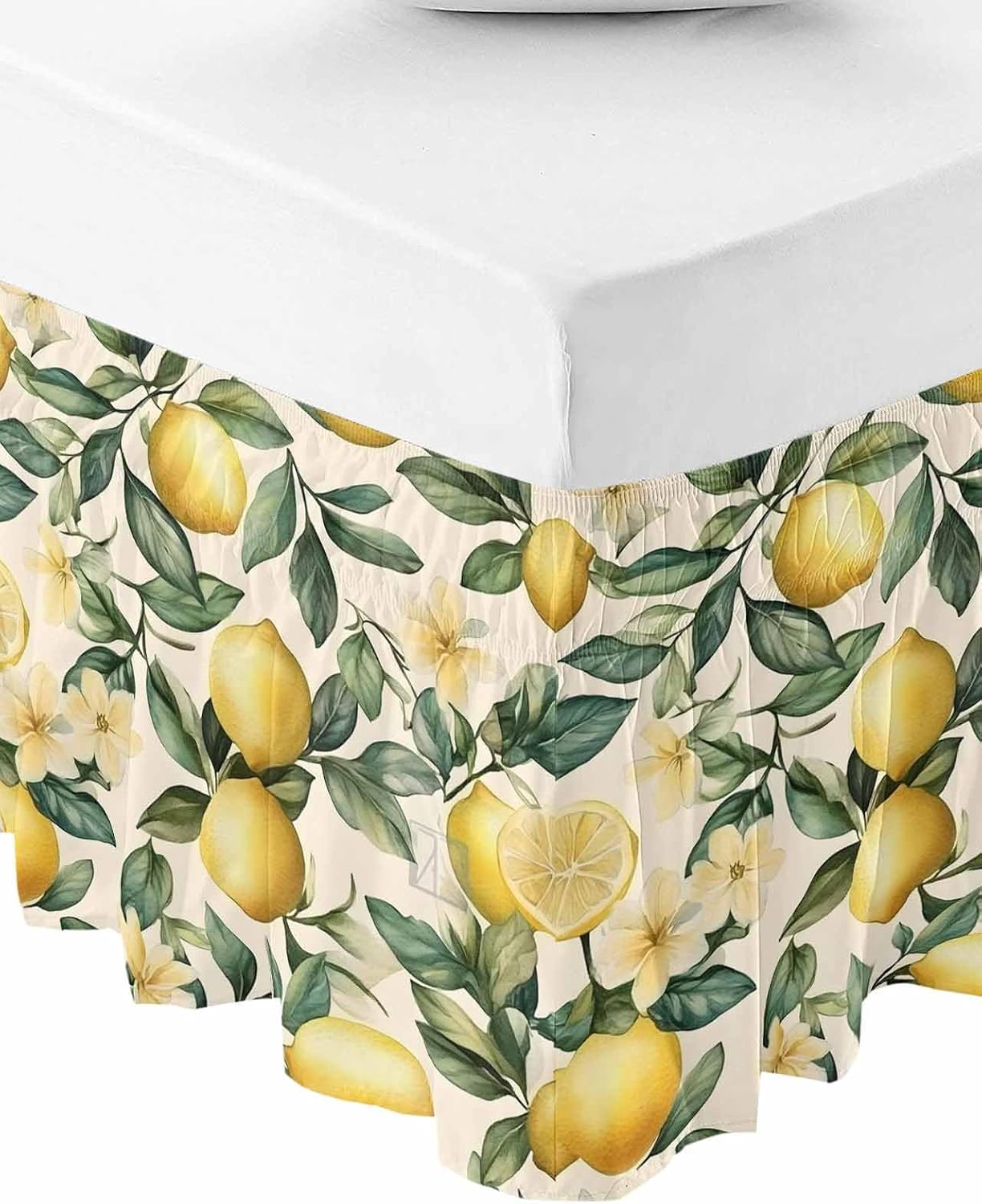 Yellow Lemon Bed Skirt Queen Size 16 Inch Drop, Adjustable Elastic Wrap Around Bed Skirts Easy Fitting Dust Ruffle Bedskirt Bed Frame Cover Floral Fruit Spring Summer Watercolor Green