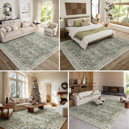 Washable Rugs for Living Room: 8x10 Area Rugs for Bedroom Ultra Soft Non-Slip Stain Resistant Vintage Boho Large Carpet for High-Traffic Dining Room - Farmhouse Decor